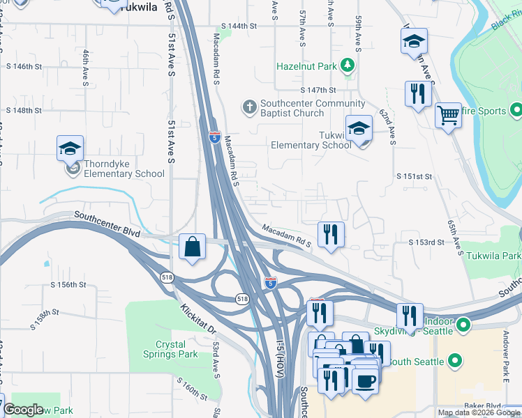 map of restaurants, bars, coffee shops, grocery stores, and more near 15280 Macadam Road South in Tukwila