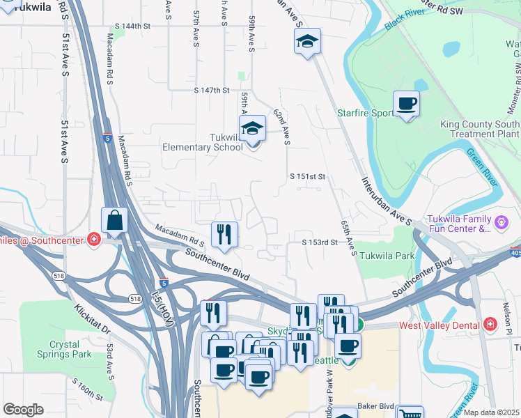 map of restaurants, bars, coffee shops, grocery stores, and more near 15160 Sunwood Boulevard in Tukwila