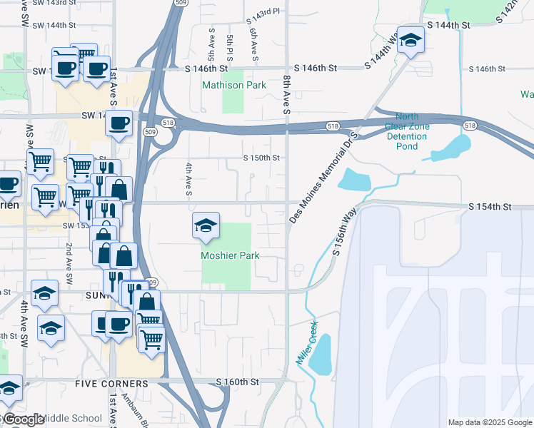 map of restaurants, bars, coffee shops, grocery stores, and more near 15405 Des Moines Memorial Drive in Burien