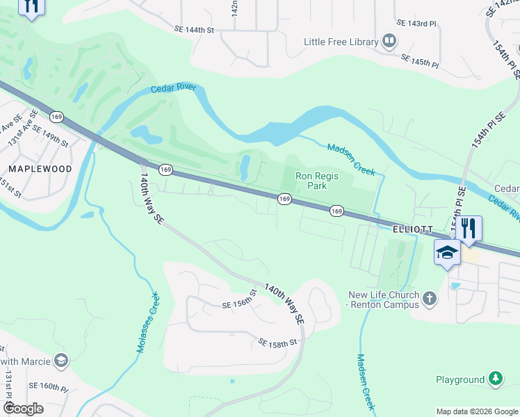 map of restaurants, bars, coffee shops, grocery stores, and more near 14235 Maple Valley Highway in Renton