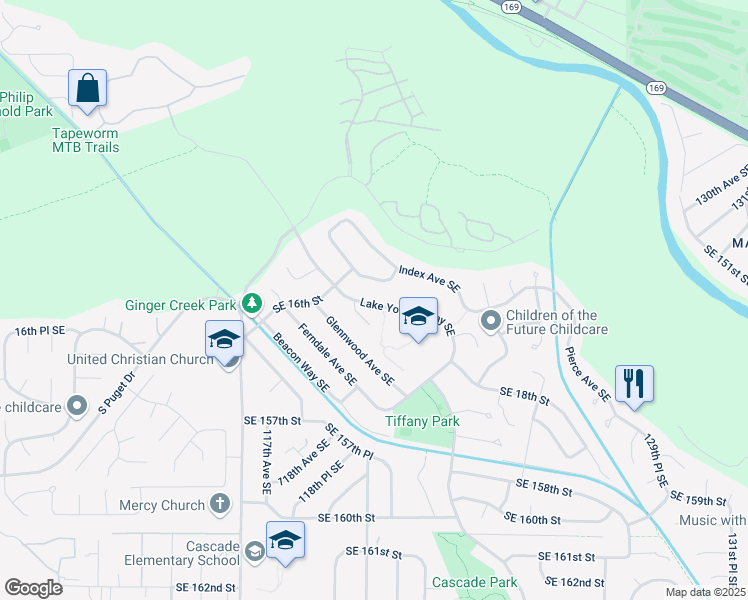 map of restaurants, bars, coffee shops, grocery stores, and more near 1623 Lake Youngs Way Southeast in Renton