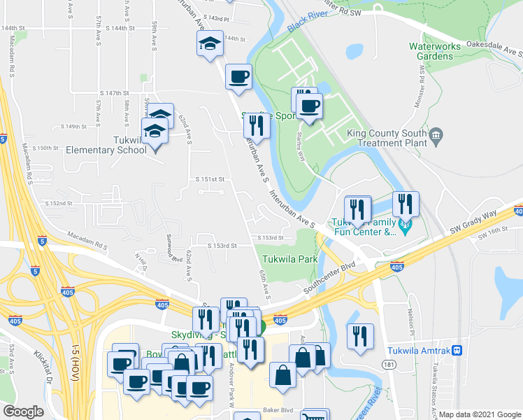 map of restaurants, bars, coffee shops, grocery stores, and more near 15140 65th Avenue South in Tukwila