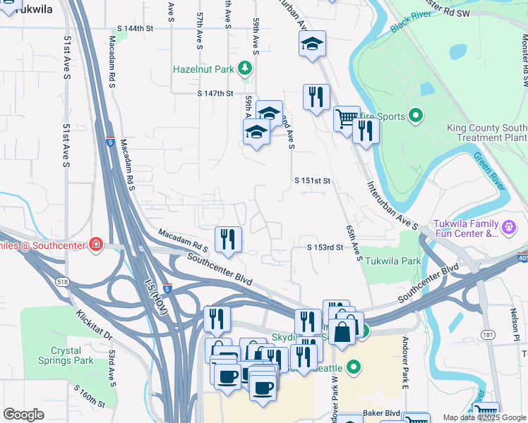 map of restaurants, bars, coffee shops, grocery stores, and more near 15195 Sunwood Boulevard in Tukwila