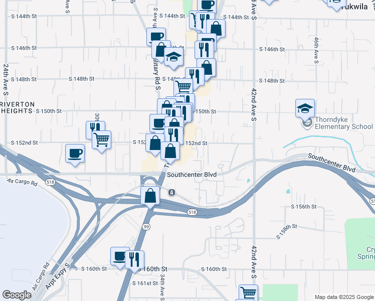 map of restaurants, bars, coffee shops, grocery stores, and more near 15210 Tukwila International Boulevard in Tukwila