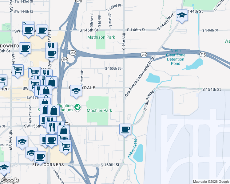 map of restaurants, bars, coffee shops, grocery stores, and more near 15405 Des Moines Memorial Drive South in Burien