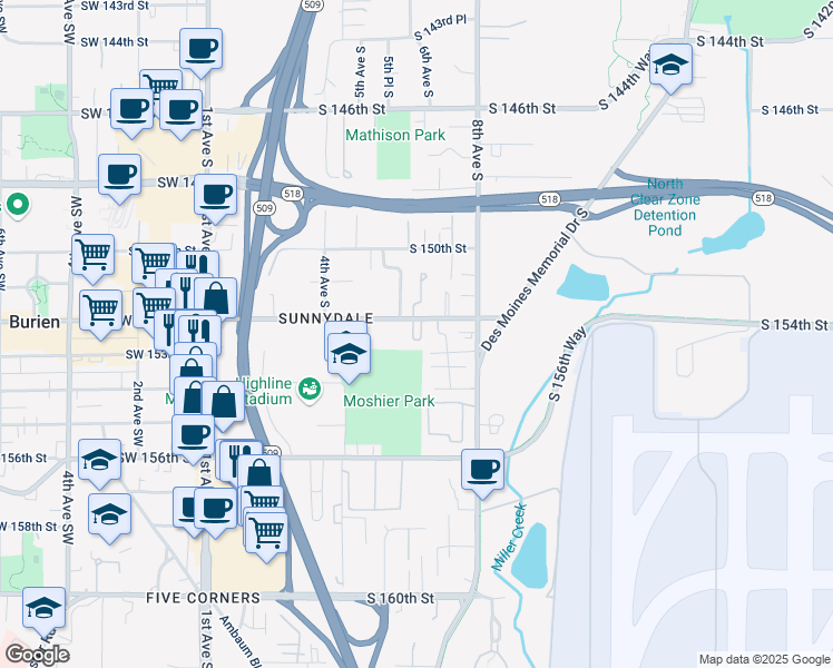 map of restaurants, bars, coffee shops, grocery stores, and more near 609 South 152nd Street in Seattle
