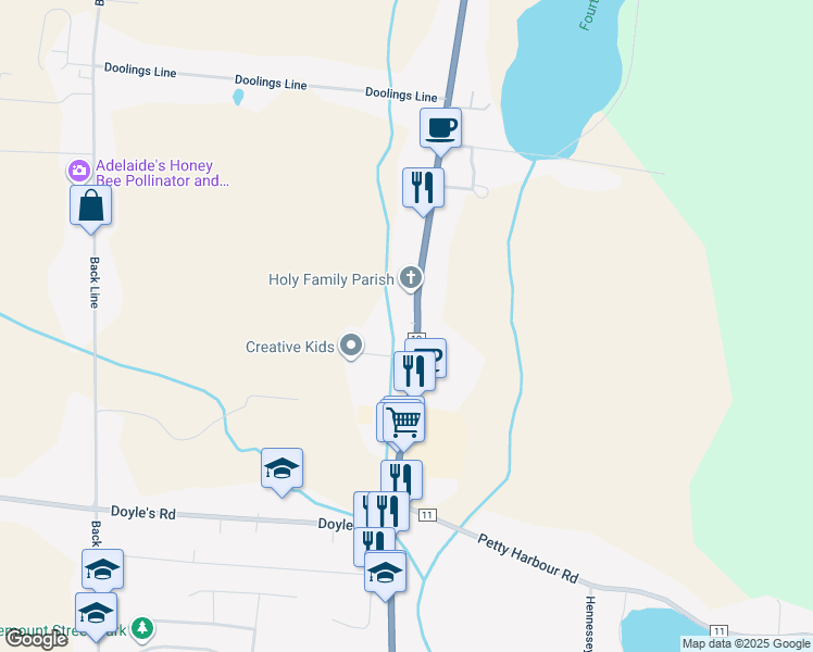 map of restaurants, bars, coffee shops, grocery stores, and more near 328 Main Road in St. John's