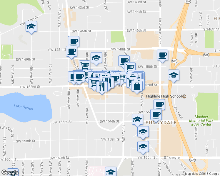 map of restaurants, bars, coffee shops, grocery stores, and more near 447 Southwest 152nd Street in Burien