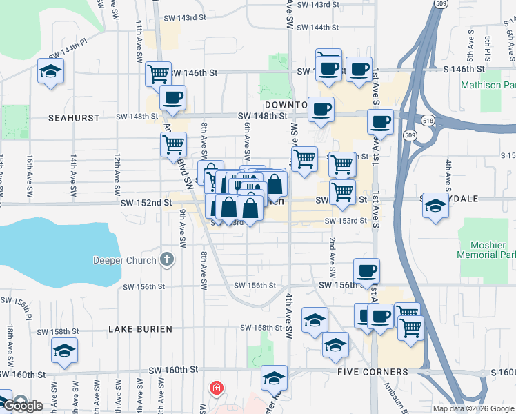 map of restaurants, bars, coffee shops, grocery stores, and more near 447 Southwest 152nd Street in Burien
