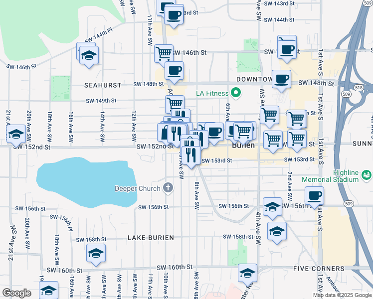 map of restaurants, bars, coffee shops, grocery stores, and more near 819 Southwest 152nd Street in Burien