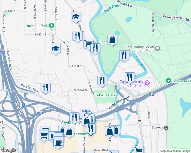 map of restaurants, bars, coffee shops, grocery stores, and more near 15154 65th Avenue South in Tukwila