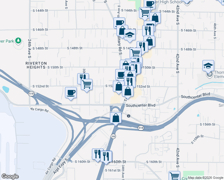 map of restaurants, bars, coffee shops, grocery stores, and more near 15311 33rd Avenue South in SeaTac