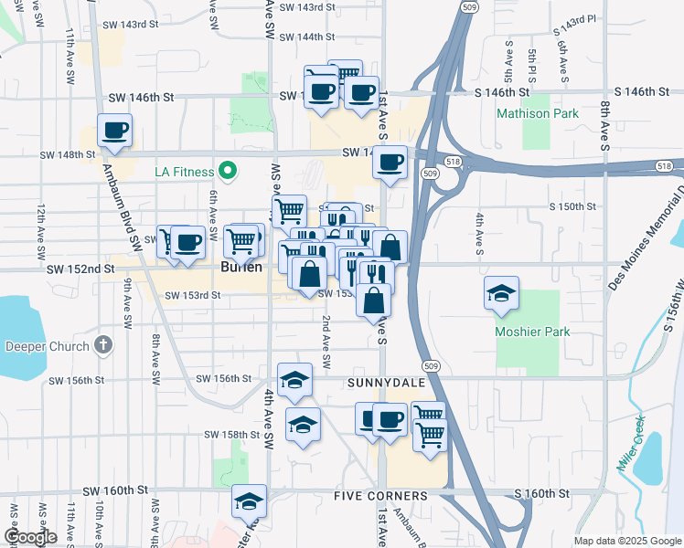map of restaurants, bars, coffee shops, grocery stores, and more near 134 Southwest 153rd Street in Seattle