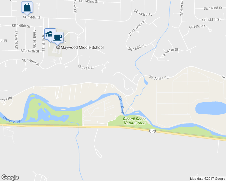 map of restaurants, bars, coffee shops, grocery stores, and more near 17525 Southeast Jones Road in Renton