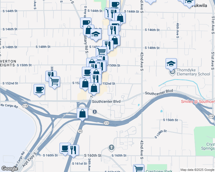 map of restaurants, bars, coffee shops, grocery stores, and more near 3631 South 152nd Street in Tukwila