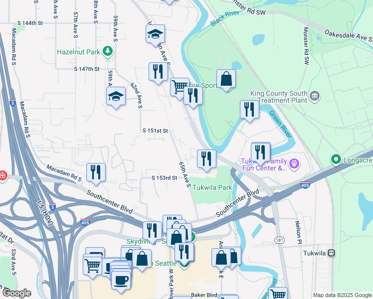 map of restaurants, bars, coffee shops, grocery stores, and more near 15140 65th Avenue South in Tukwila