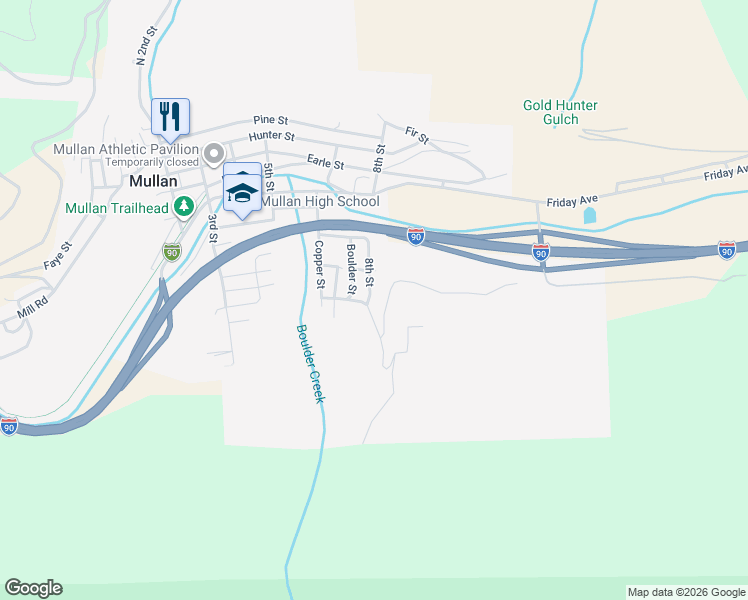 map of restaurants, bars, coffee shops, grocery stores, and more near 555 8th Street in Mullan