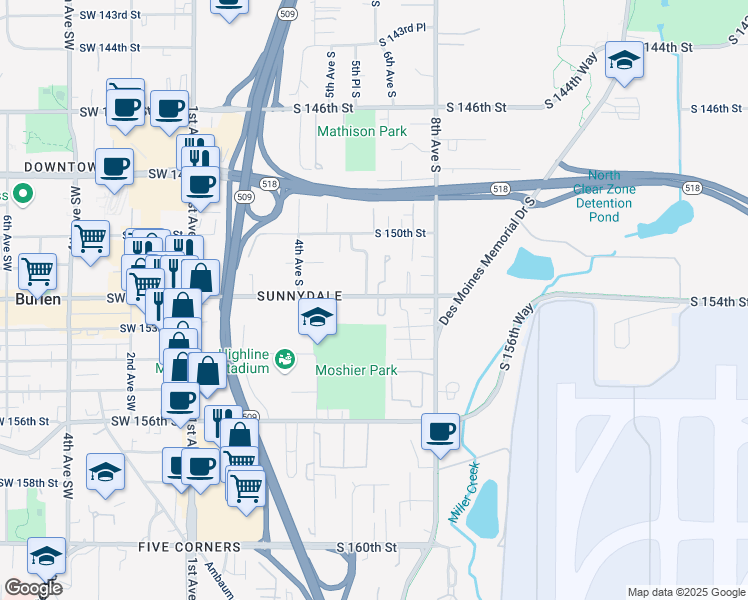 map of restaurants, bars, coffee shops, grocery stores, and more near 15175 5th Lane South in Burien