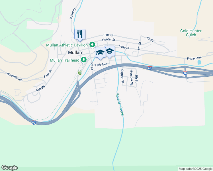 map of restaurants, bars, coffee shops, grocery stores, and more near 707 4th Street in Mullan
