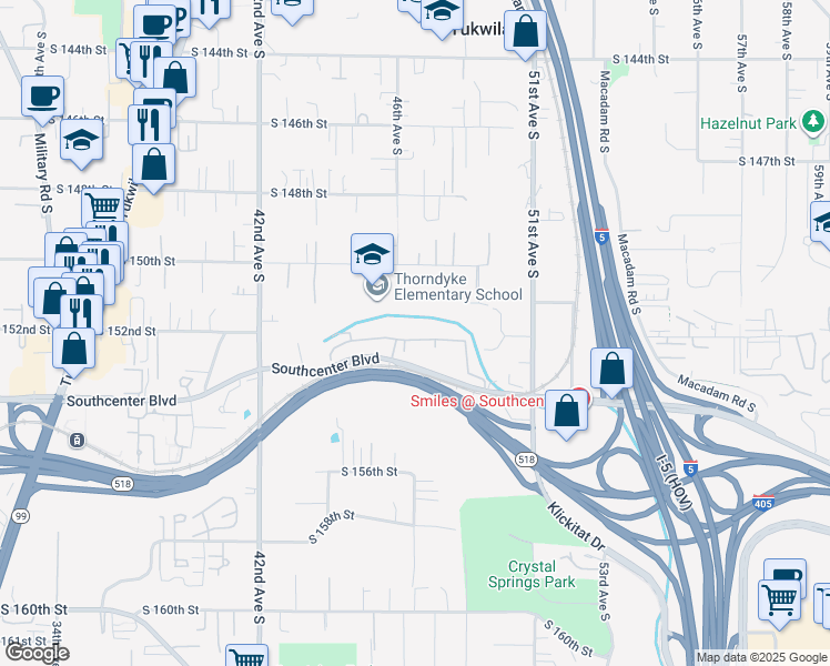 map of restaurants, bars, coffee shops, grocery stores, and more near 4708 Southcenter Boulevard in Tukwila