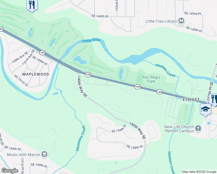 map of restaurants, bars, coffee shops, grocery stores, and more near 15150 140th Way Southeast in Renton