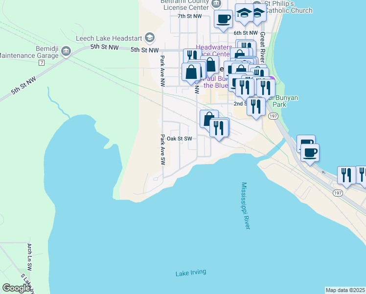 map of restaurants, bars, coffee shops, grocery stores, and more near 123 Mississippi Avenue Southwest in Bemidji