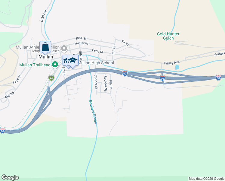 map of restaurants, bars, coffee shops, grocery stores, and more near 555 8th Street in Mullan