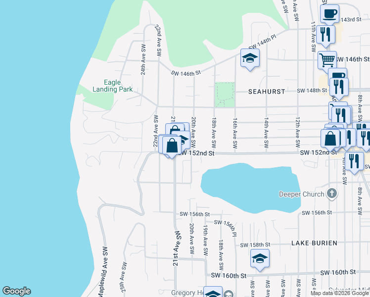 map of restaurants, bars, coffee shops, grocery stores, and more near 14963 20th Avenue Southwest in Burien