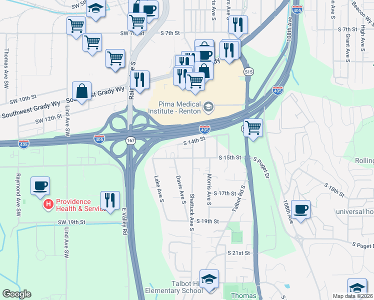 map of restaurants, bars, coffee shops, grocery stores, and more near 1411 Shattuck Avenue South in Renton