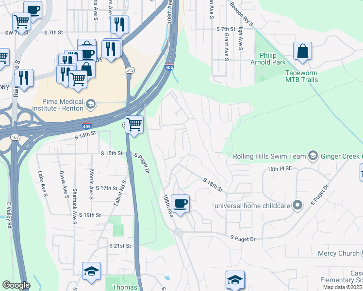 map of restaurants, bars, coffee shops, grocery stores, and more near 1609 Eagle Ridge Drive South in Renton