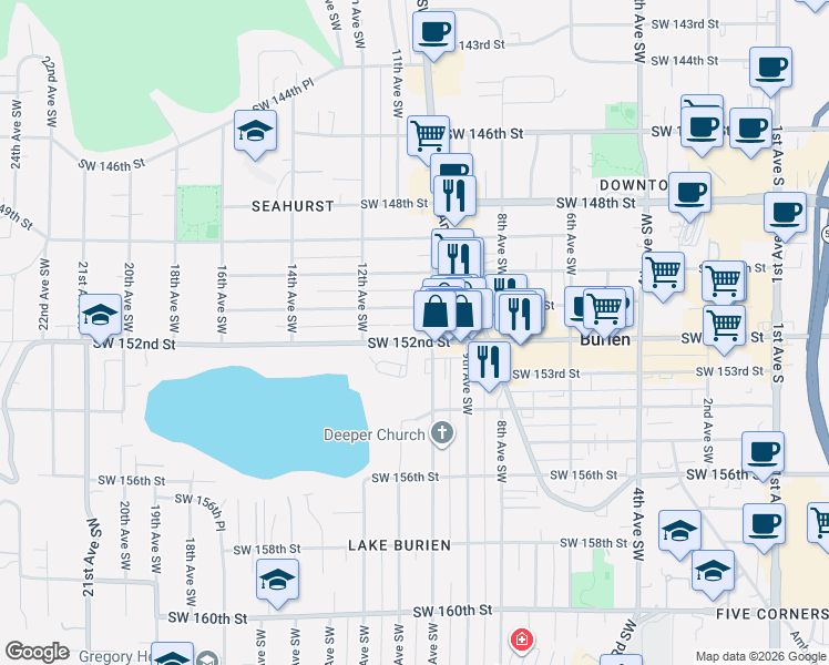 map of restaurants, bars, coffee shops, grocery stores, and more near 1011 Southwest 151st Street in Burien