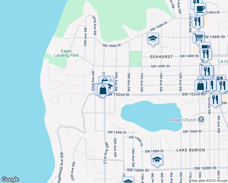 map of restaurants, bars, coffee shops, grocery stores, and more near 14963 20th Avenue Southwest in Burien