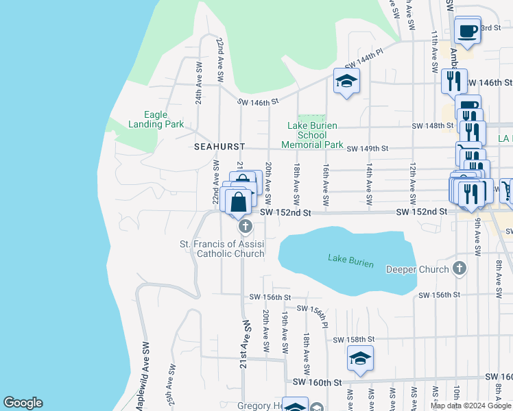 map of restaurants, bars, coffee shops, grocery stores, and more near 14963 20th Avenue Southwest in Burien