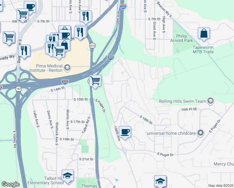 map of restaurants, bars, coffee shops, grocery stores, and more near 1600 Eagle Ridge Drive South in Renton