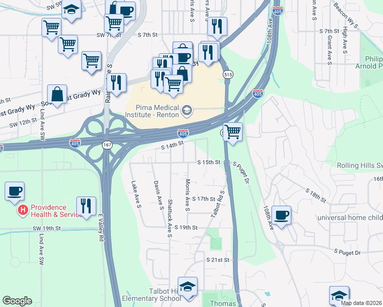 map of restaurants, bars, coffee shops, grocery stores, and more near 1413 Morris Avenue South in Renton