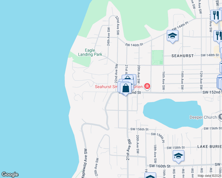 map of restaurants, bars, coffee shops, grocery stores, and more near 2214 Southwest 152nd Street in Burien