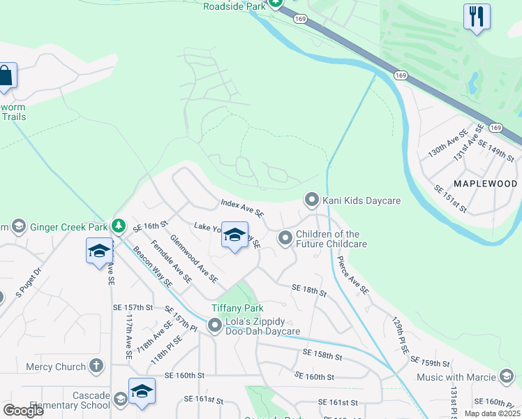 map of restaurants, bars, coffee shops, grocery stores, and more near 1652 Index Avenue Southeast in Renton