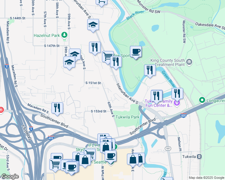 map of restaurants, bars, coffee shops, grocery stores, and more near 15130 65th Avenue South in Tukwila