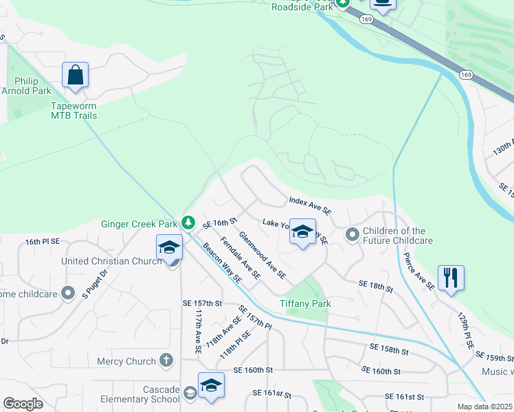 map of restaurants, bars, coffee shops, grocery stores, and more near 1600 Harrington Avenue Southeast in Renton