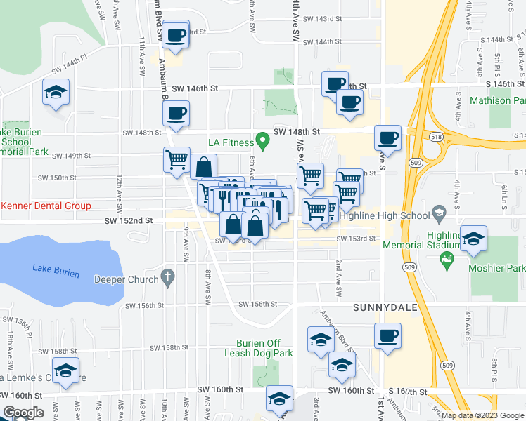 map of restaurants, bars, coffee shops, grocery stores, and more near 230 Southwest 151st Street in Burien