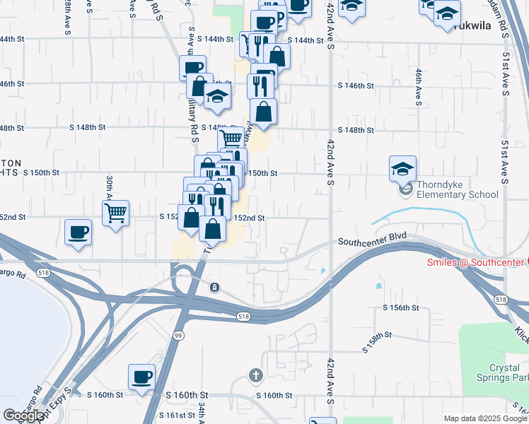 map of restaurants, bars, coffee shops, grocery stores, and more near 3748 South 152nd Street in Tukwila