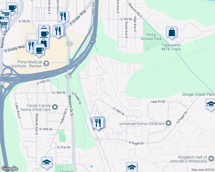 map of restaurants, bars, coffee shops, grocery stores, and more near 1609 Eagle Ridge Drive South in Renton