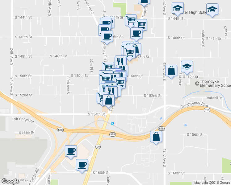 map of restaurants, bars, coffee shops, grocery stores, and more near 15015 Tukwila International Boulevard in Seattle