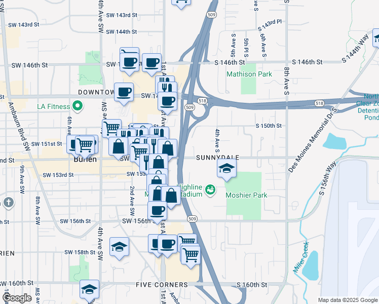 map of restaurants, bars, coffee shops, grocery stores, and more near 148 South 152nd Street in Burien