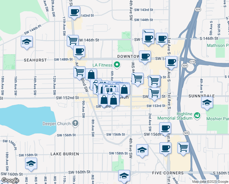 map of restaurants, bars, coffee shops, grocery stores, and more near 230 Southwest 151st Street in Burien