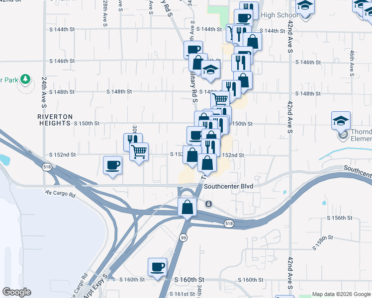 map of restaurants, bars, coffee shops, grocery stores, and more near 15045 32nd Place South in SeaTac