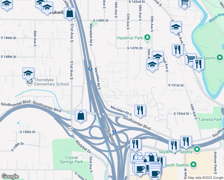 map of restaurants, bars, coffee shops, grocery stores, and more near 5680 South 152nd Street in Tukwila