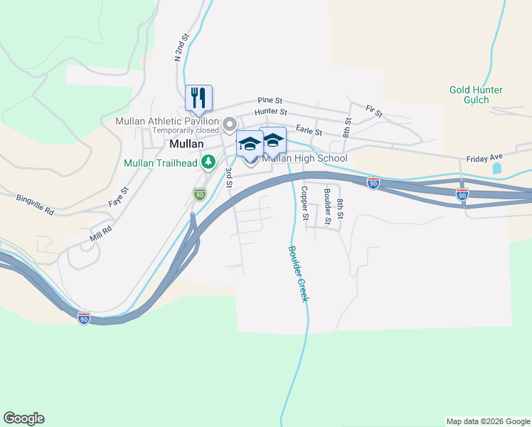 map of restaurants, bars, coffee shops, grocery stores, and more near 707 4th Street in Mullan