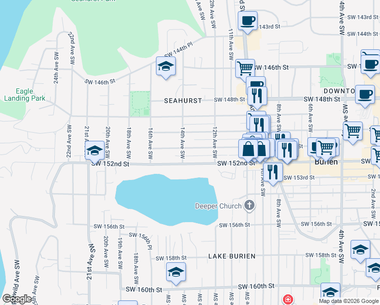 map of restaurants, bars, coffee shops, grocery stores, and more near 1249 Southwest 151st Street in Burien