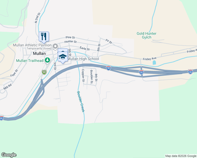 map of restaurants, bars, coffee shops, grocery stores, and more near 555 8th Street in Mullan